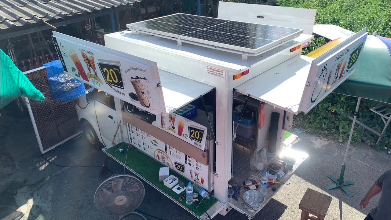 ติดตั้งโซล่าเซลล์ รถฟู้ดทรัค รถขายน้ำ เคลื่อนที่ ด้วยชุด  Inverter 3000w ระบบ12v แผง500w 1 แผง