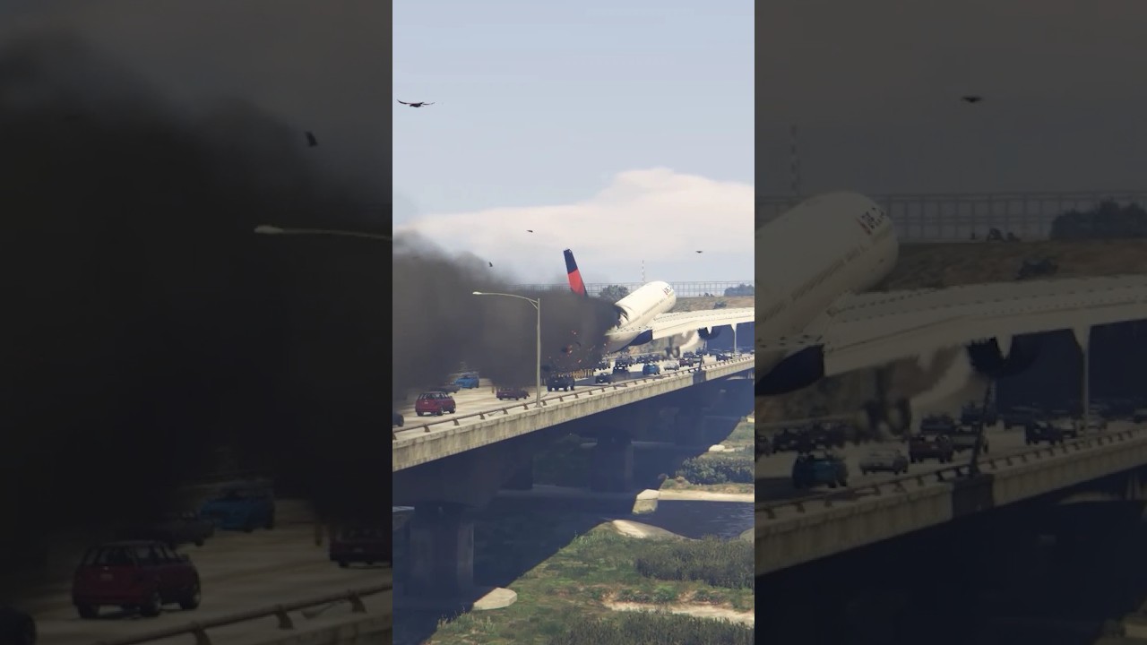 Uncontrolled Plane With Burning Engine Flies Over Highway