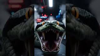 Prompt:Copy codeA dark futuristic snake processing factory, giant live python moving on a conveyor