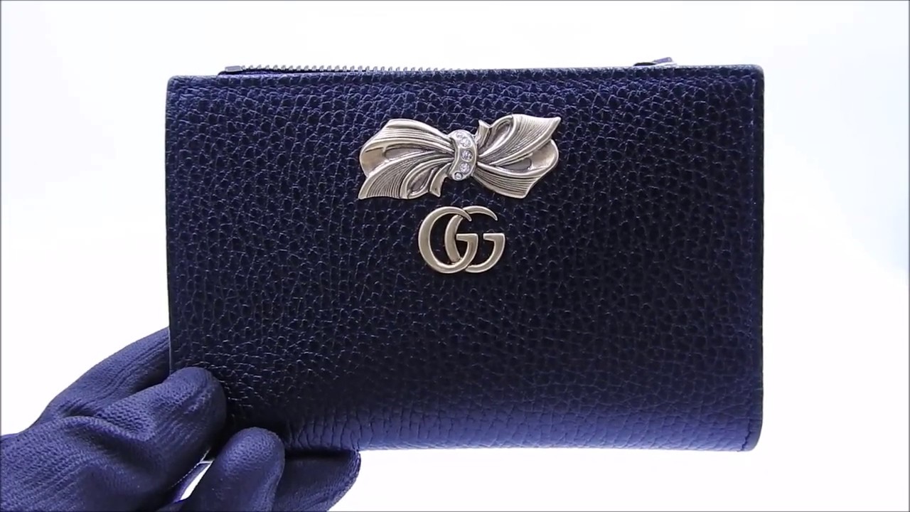 グッチ GGマーモント ラインストーン リボン 二つ折り 財布 レザー
