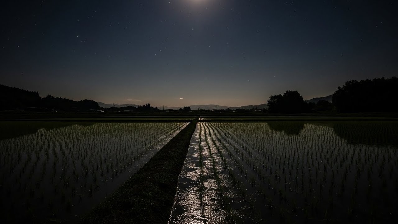 Nighttime Chill Lofi Melodies Floating Over Rice Fields Bringing Deep Comfort And Warm Stillness