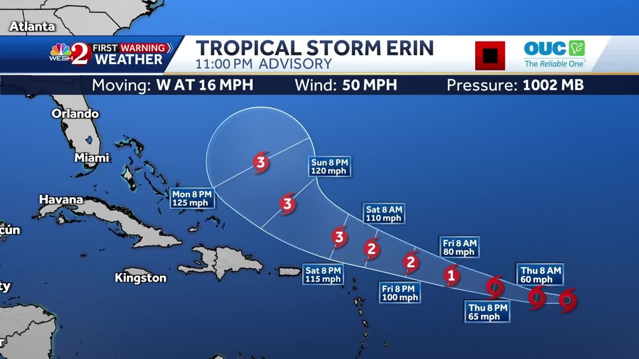 Tropical Storm Erin strengthens, pushes more west | 11 p.m. Aug. 13 update