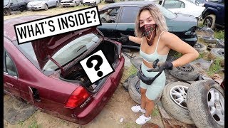 LOOK WHAT WE FOUND?!?! - Treasure Hunting Car Trunks At Junkyard Part 2!