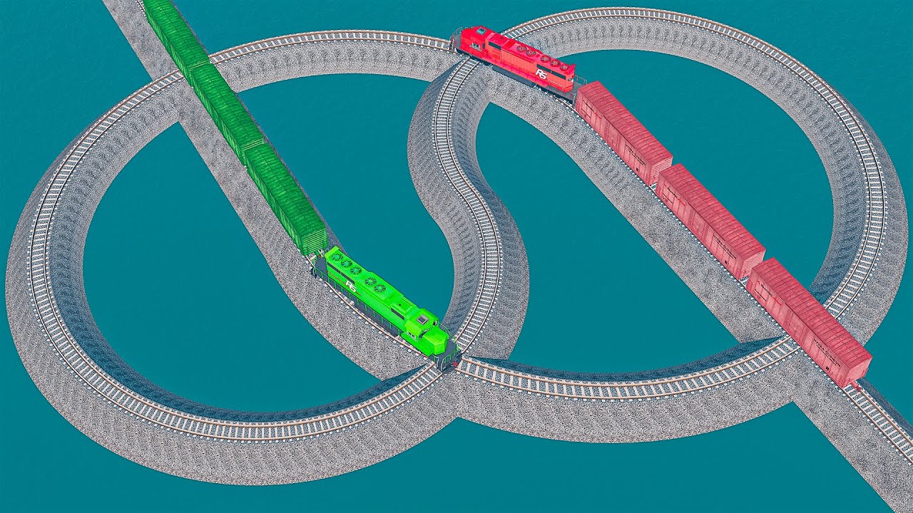 Double Colorful Trains Vs Infinity Impossible Weird Rail Track Crossing Deepwater | BeamNG.drive