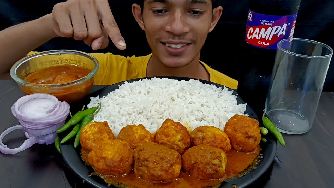 ASMR EATING SPICY EGG CURRY, EGG CURRY AND BASMATI RICE AND SALAD WITH