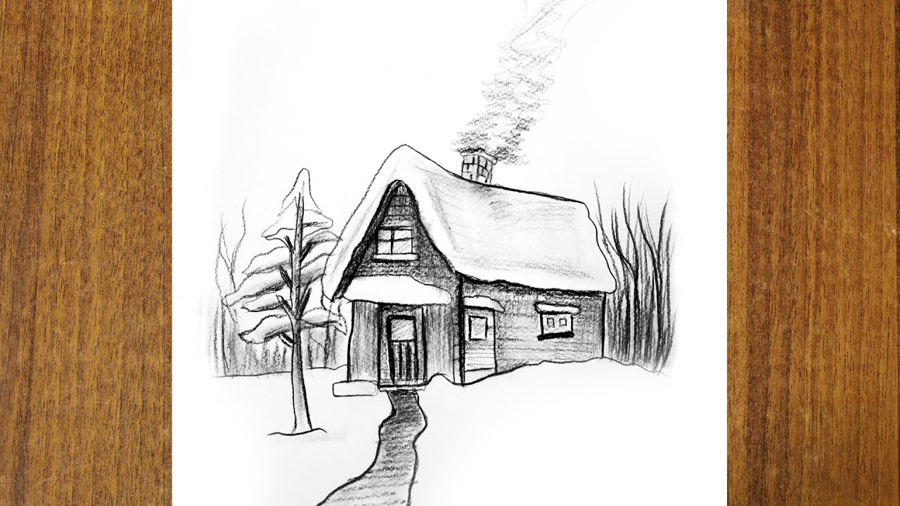 Drawing snowy house in winter || How to draw a winter cabin