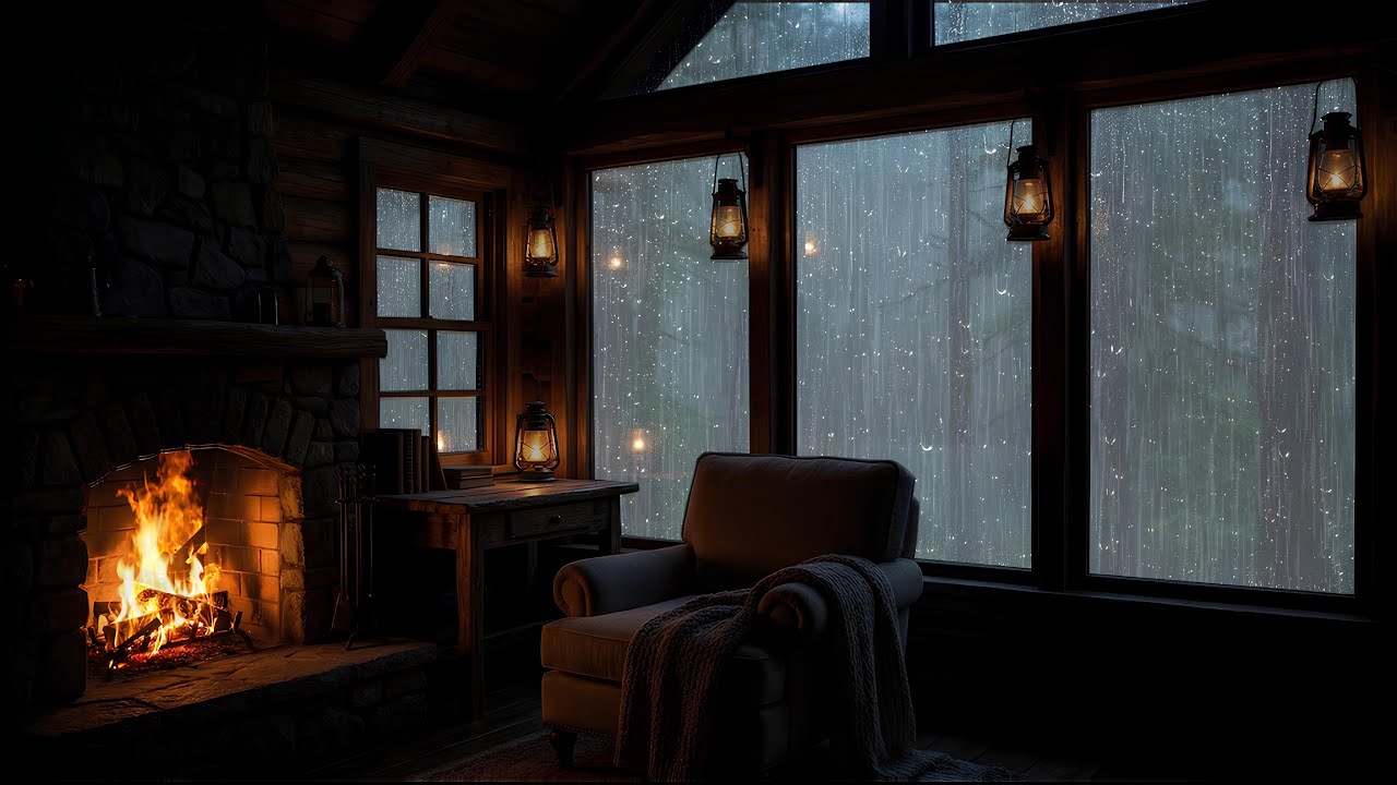 Fireplace & Rain Sounds in a Wooden Cabin | Night Ambience for Stress ...