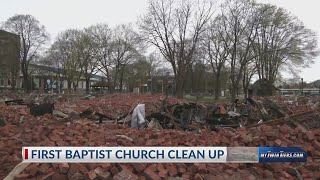 When will the former Baptist Church be cleaned up after devastating fire in Elmira?