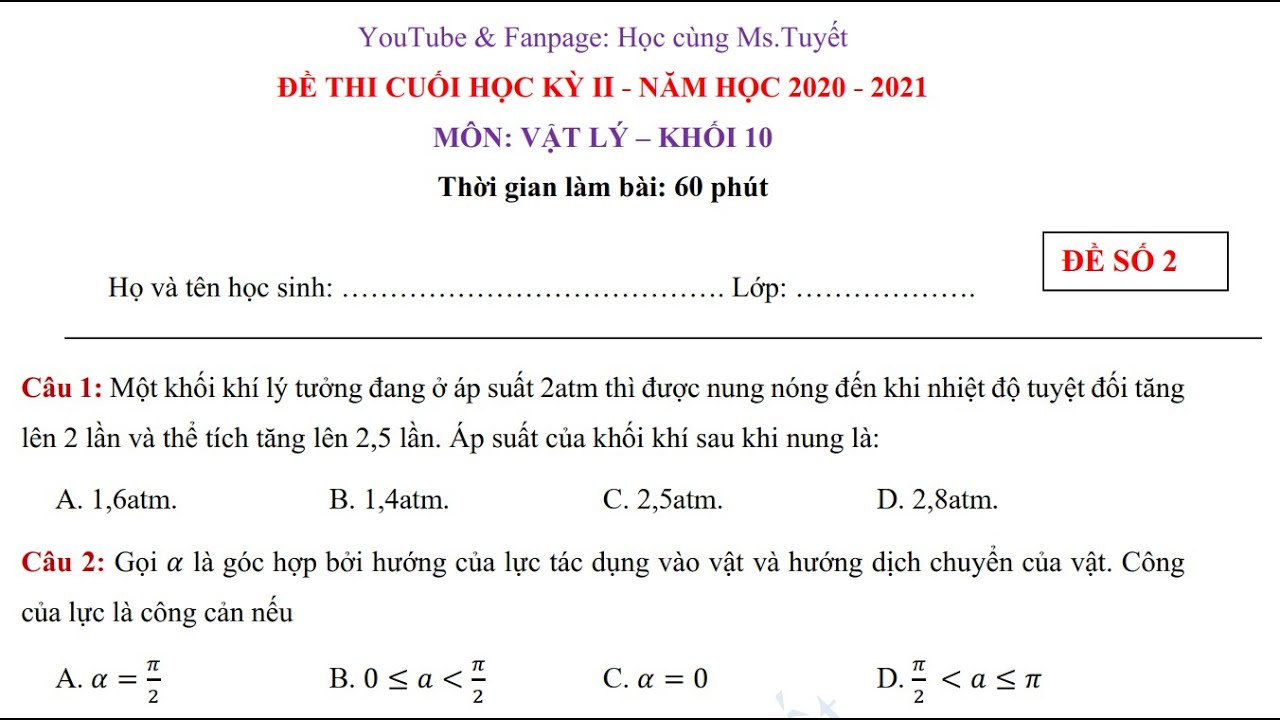 Đề 2 - Vật Lý 10 - Giải Đề Thi Cuối Kỳ 2 môn Lý lớp 10