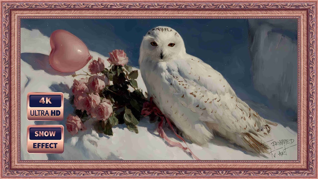 Valentines Frame TV Screensaver 4K | Owl Vintage Oil Painting • Roses & Snow | Framed 3H