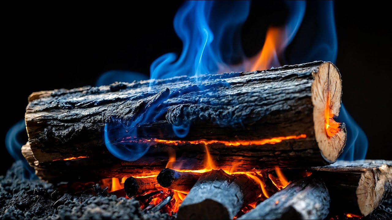 Burning Logs with Blue and Orange Flames – A Stunning Fireplace Ambience in 4K