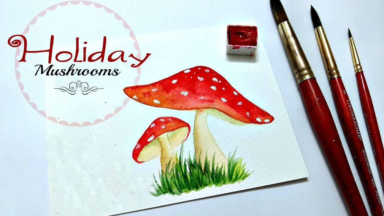 How to paint a Christmas mushroom in watercolor » Fun and easy DIY HOLIDAY CARDS for beginners