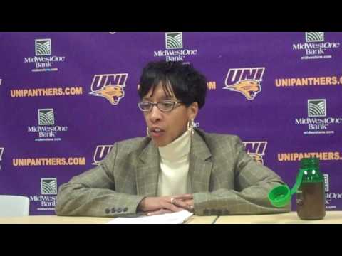 UNI head coach Tanya Warren talks after UNI's 80-60 win over South Dakota.