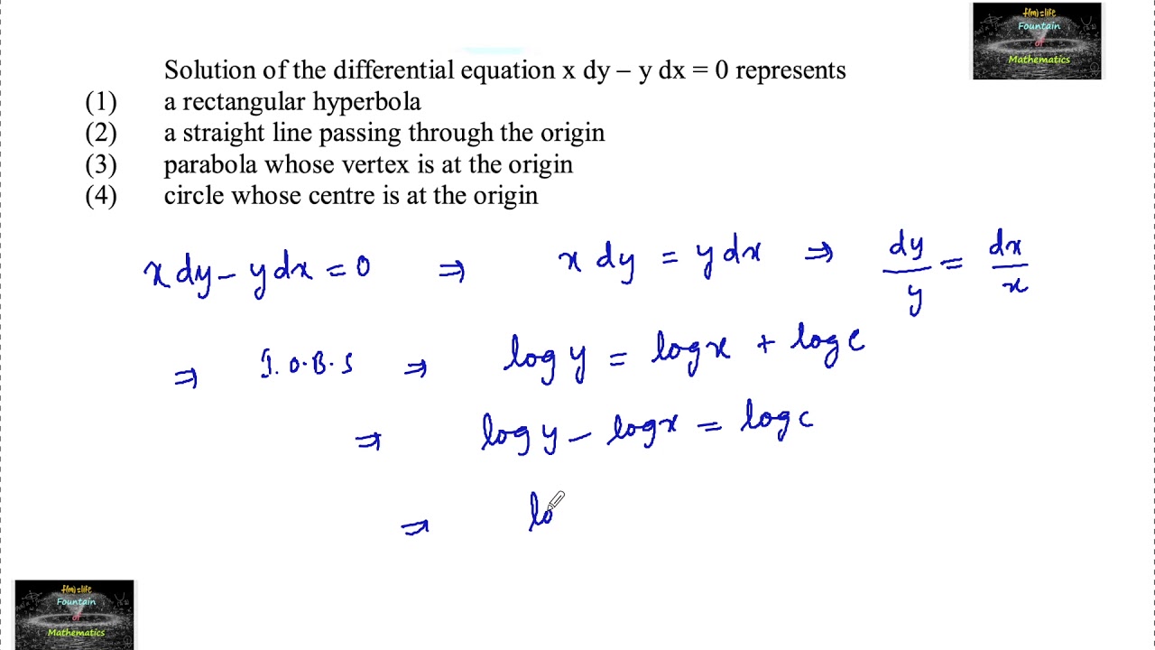 Solution of the differential equation xdyydx=0 represents a straight