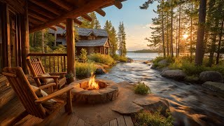 Peaceful Summer Lakeside Porch Morning | Water, Birds, and Cozy Firepit Relaxation, Meditation