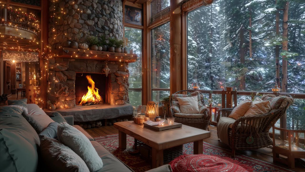Cozy Winter Day at Forest Cabin ⛄ Soft Jazz Music & Crackling Fireplace to Relax
