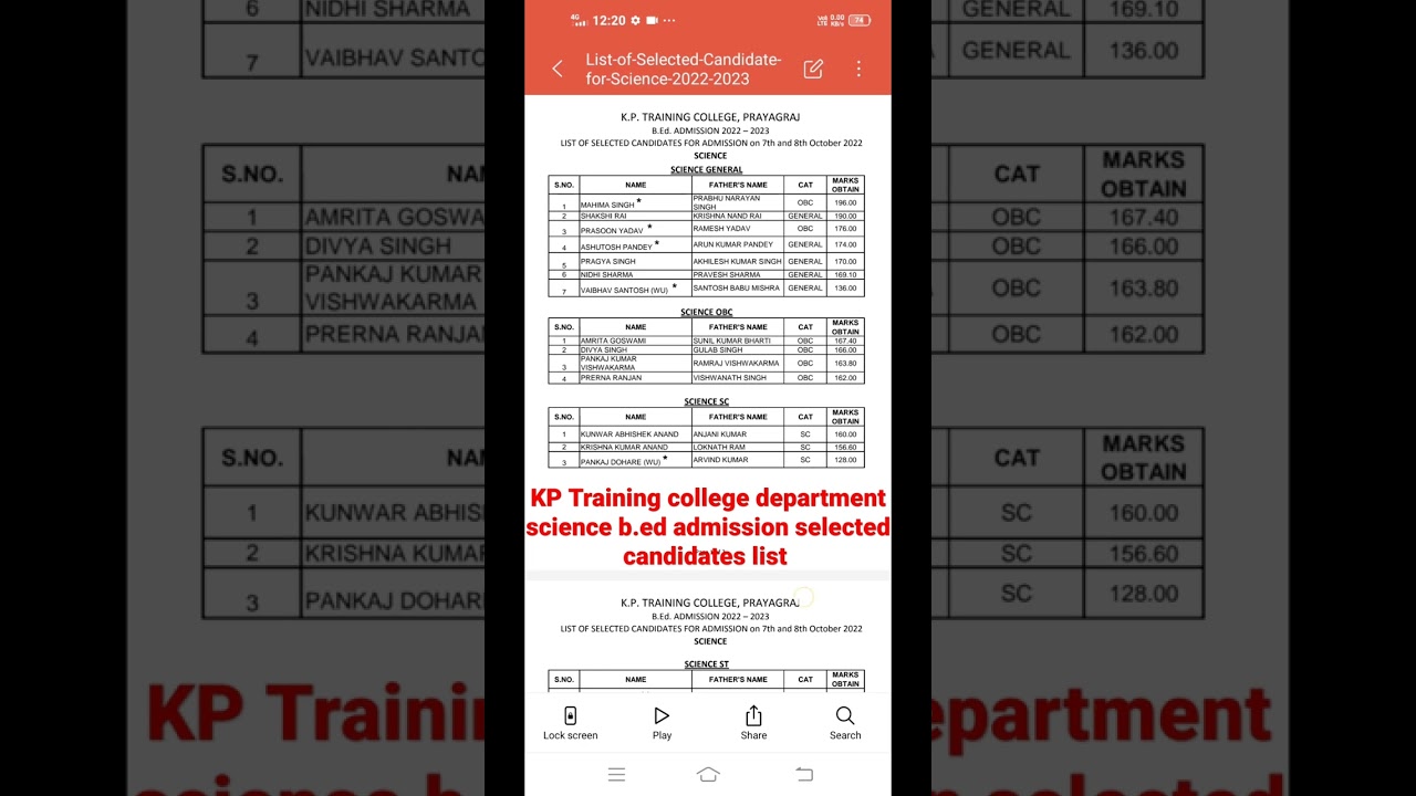KP Training college department of science b.ed admission selected candidates list 2022