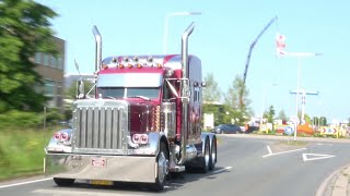 Peterbilt 379 with  caterpillar, extremely loud straight pipes onboard on small streets in europe