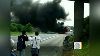 Tour bus carrying 50 catches fire, then explodes