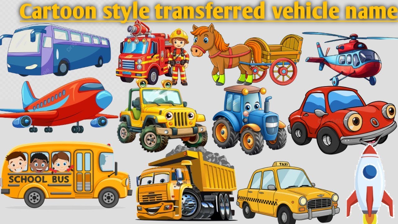 🚗🚁 Cartoon Style Vehicle Name Learning | Bus, Car, Plane, Tractor for Kids 🎨