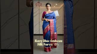 Navy Blue Emboss Silk Saree with Floral Design