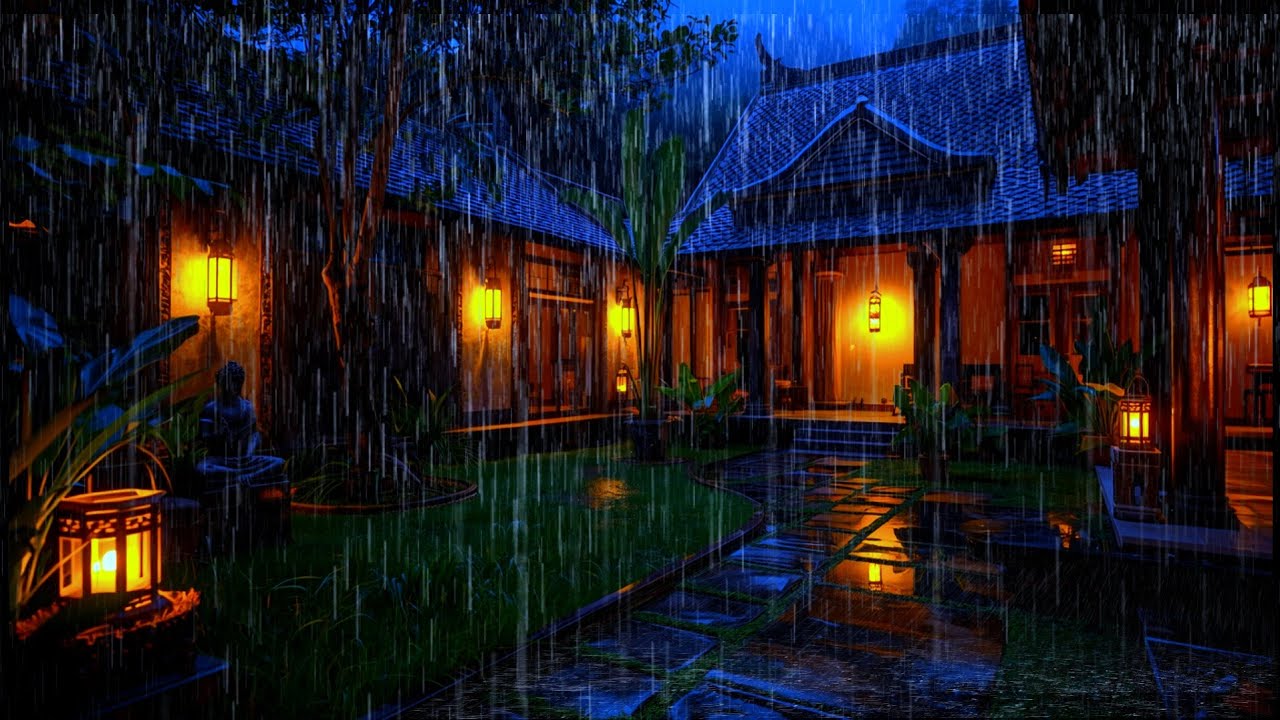 Deep Sleep ASMR | Night Rain at Traditional Bali Home, Warm Lights & Calm Garden