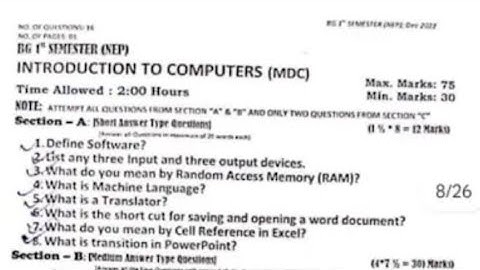 Introduction to computer previous year question papers Bg 1st semester kashmir university