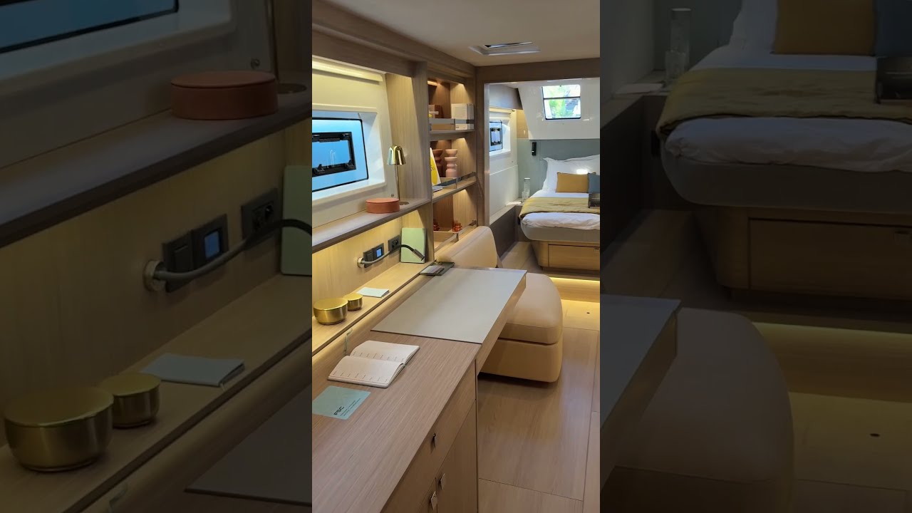 *Whistles* What do you think about the new Lagoon 47’s master cabin? #yachtdesign #sailinglife #boat