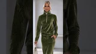 Green Leopard Velvet Half Zip Top & Midi Skirt Matching Set