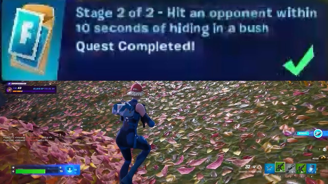 Hit an opponent within 10 seconds of hiding in a bush Fortnite