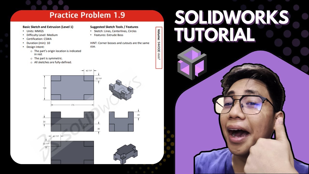 CSWA Practice Problem 1.9 – SolidWorks Tutorial for Beginners - YouTube