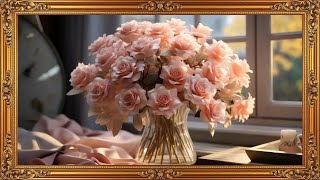 The Art Corner Elegant Bouquet of Soft Pink Roses 4K in a Classic Golden Frame by a Window screenshot 1