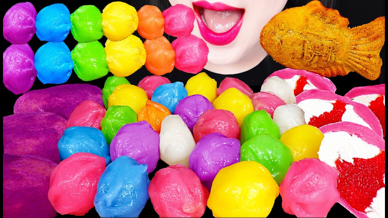 ASMR Color Rice Cake Tteok Mochi 방울 꿀떡 캔디 모찌 먹방 Mukbang, Eating