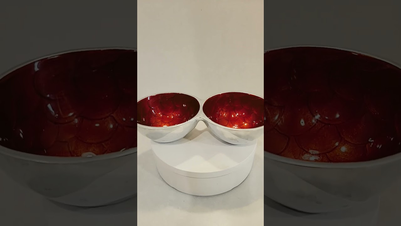 FOR SALE MCM Double Bowls Red Enamel Aluminum Silver Metal 25 + shipping 