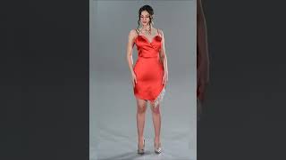 Kırmızı Eteği Taşlı Mini Saten Abiye Elbisesi Abk1321