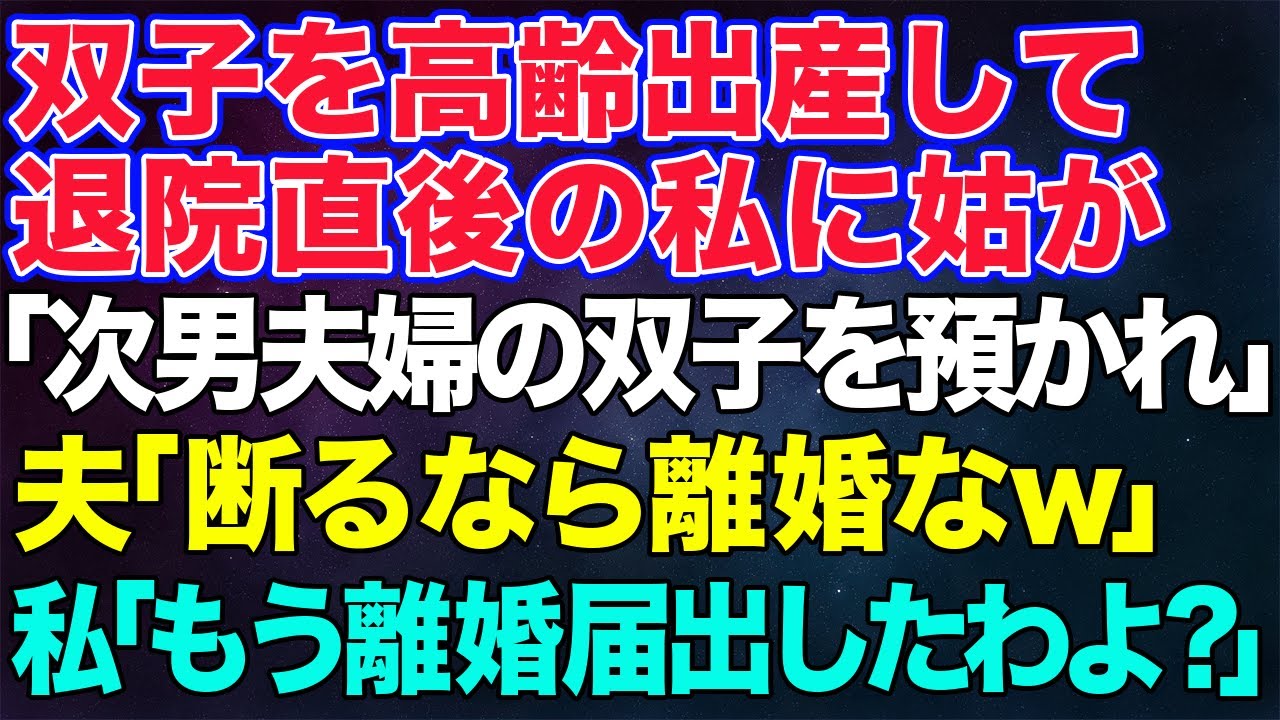 【スカッとする話】双子を出産して退院直後の私に姑「寝てるなら次男夫婦の子も預かって」夫「家事はサボるなよ、離婚されたくないだろ？」私「もう離婚届け出したよ。だって…」→実は【修羅場】