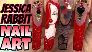 JESSICA RABBIT NAIL ART TUTORIAL‼ Acrylic Pop off method, Hand painted gel nail art❤‍