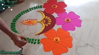 Diya Rangoli Design with Flowers | Diwali Special Deepam Kolam | Deepavali Flower Muggulu