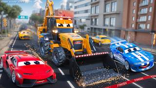 Excavator Takes on 2 Crazy Cars in Thrilling Race Adventure! Hero Cars High-Speed Racing Compilation screenshot 4