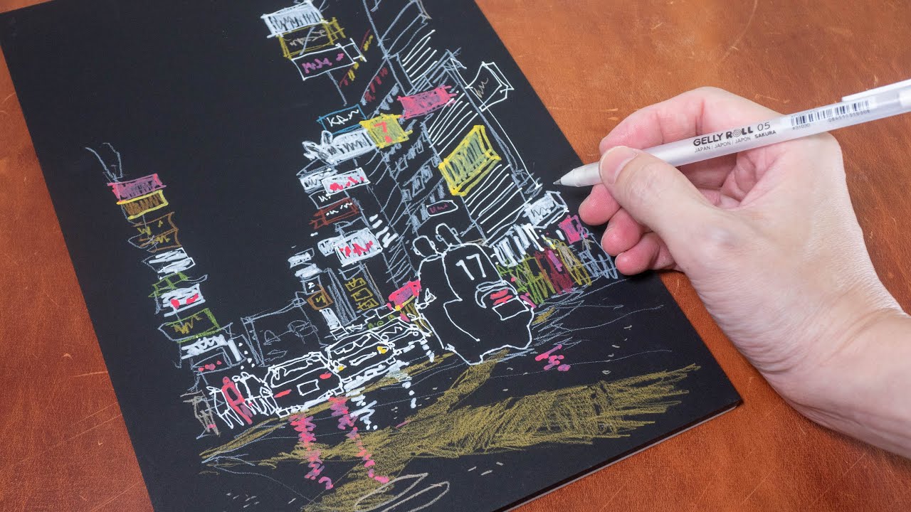 Night Scene Sketch on Black Paper (timelapse sketch) - YouTube