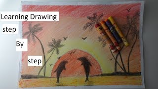 تعلم الرسم للمبتدئين مشهد الغروب_Learn to draw sunset scenery with pastel oil for beginners