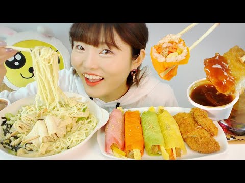 【韓国】レインボーキンパとうどんククス、チーズトンカツ食べる。（アダムスキンパ）【モッパン】【キンパ】