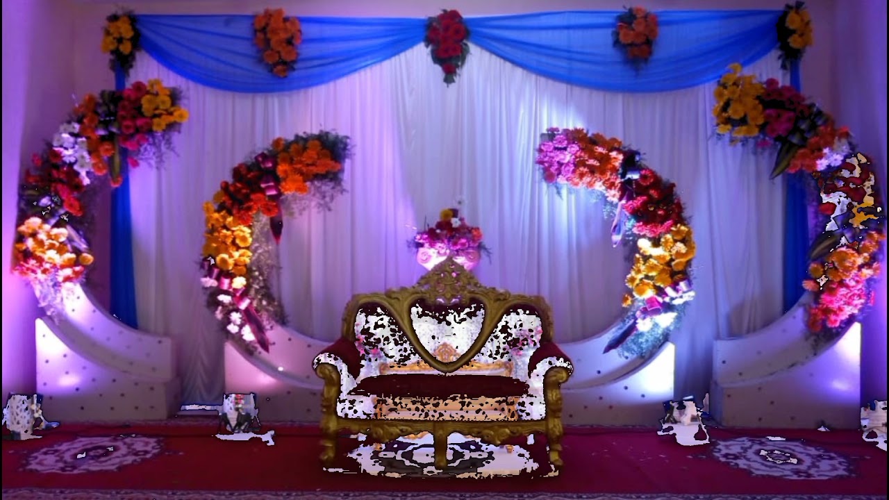 Simple & Elegant Blue Themed Decorated Stage for Ring Ceremony | Unique wedding  decoration | Elegant wedding stage decoration with flowers and curtains |  Lights decoration for wedding | Theme lights decoration