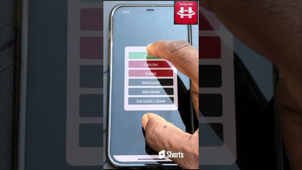 Horizon 360 easy employee clock in and out timesheet from their phone.