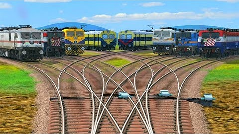 8 HIGH SPEED TRAINS CROSSING ON BUMPY CURVED RAILROAD TRACK : TRAIN SIMULATOR