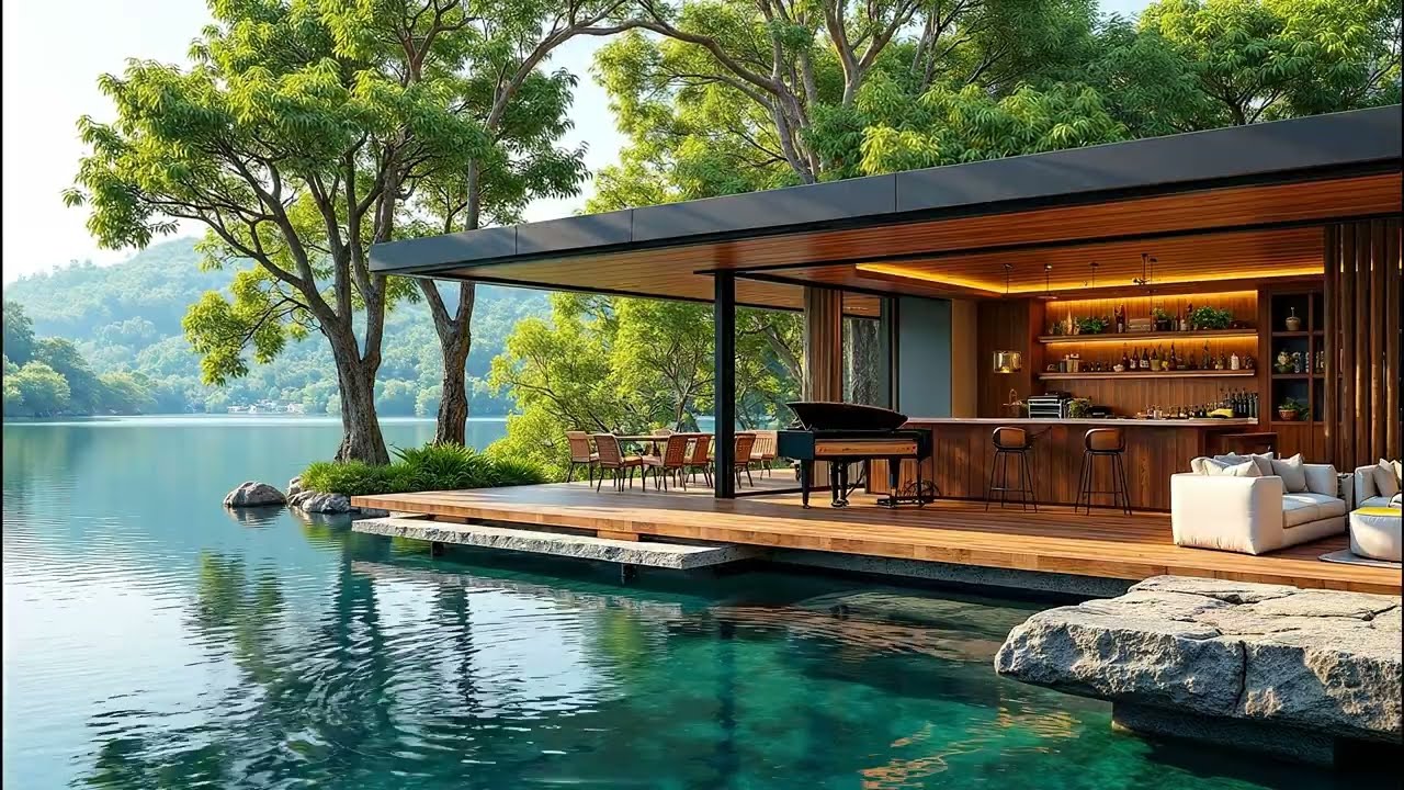 Relaxing Forest Villa Jazz with Piano and River Sounds for Study & Calm Mind