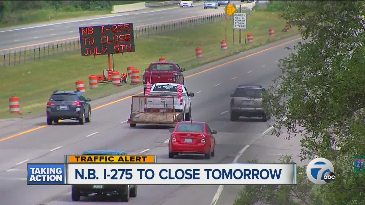 Northbound I-275 closing between I-96/I-696/M-5 and I-96/M-14 on Tuesday