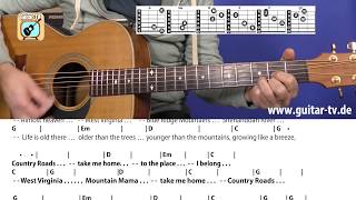 Video thumbnail of "20.1 Country Roads - John Denver, Cover, Tutorial, Guitar Chords, Tabs, Lyrics, Lesson"
