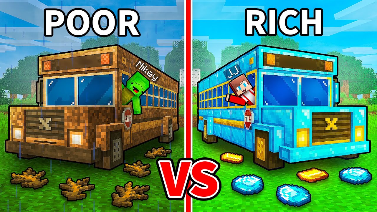 JJ and Mikey: POOR vs RICH School Bus Battle in Minecraft - Maizen