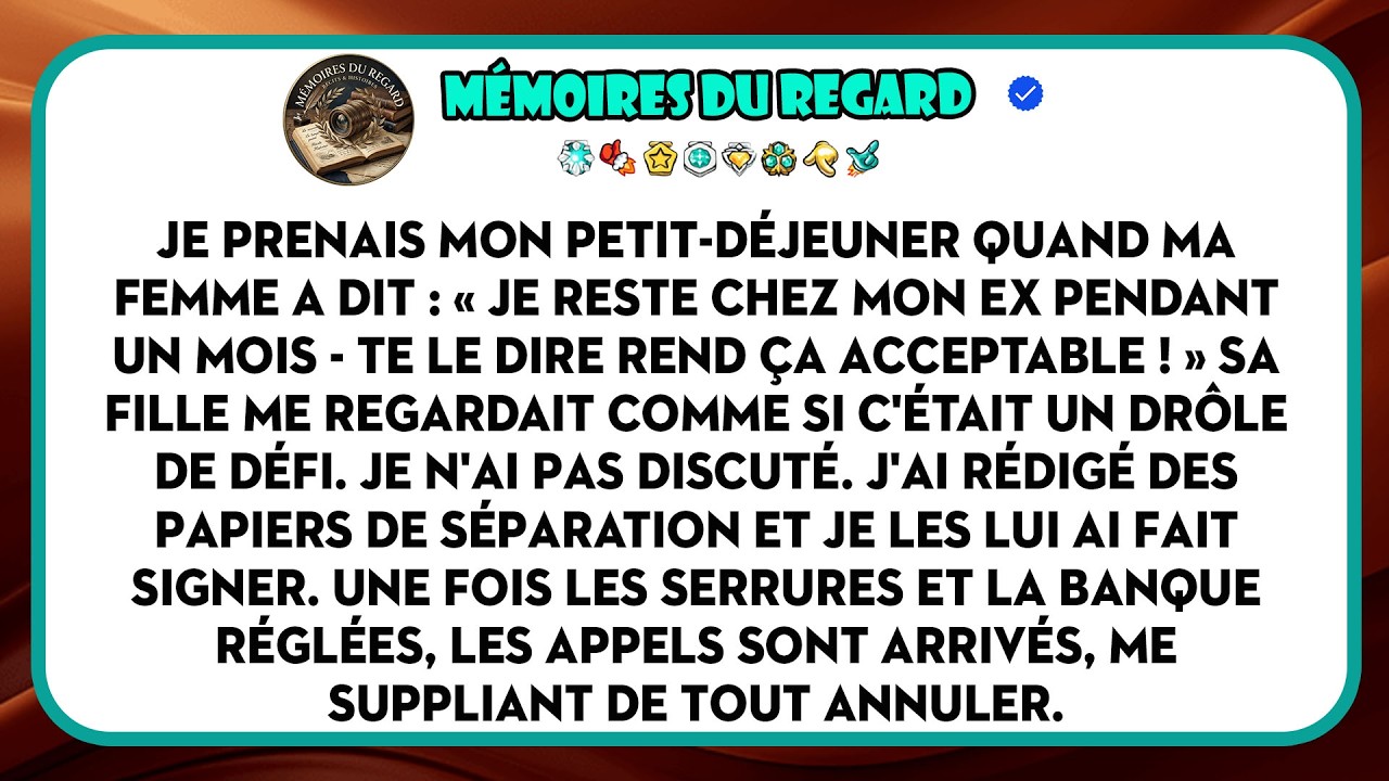 Ce matin-là, je mangeais mes flocons d'avoine quand ma femme a annoncé qu'elle partait vivre un mois chez son ex pour « prendre du recul ». Ma fille filmait déjà la scène avec son téléphone, un...